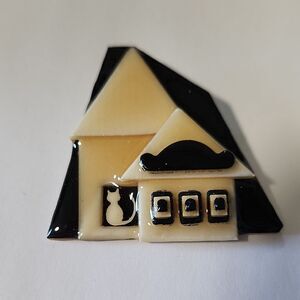 House Pins By Lucinda Black and Cream House Brooch With Cat